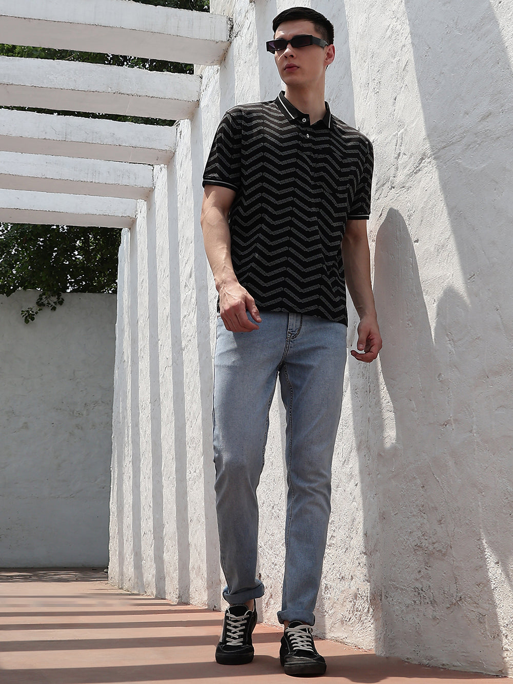 Black Printed Polo Neck 100% Cotton T-Shirt