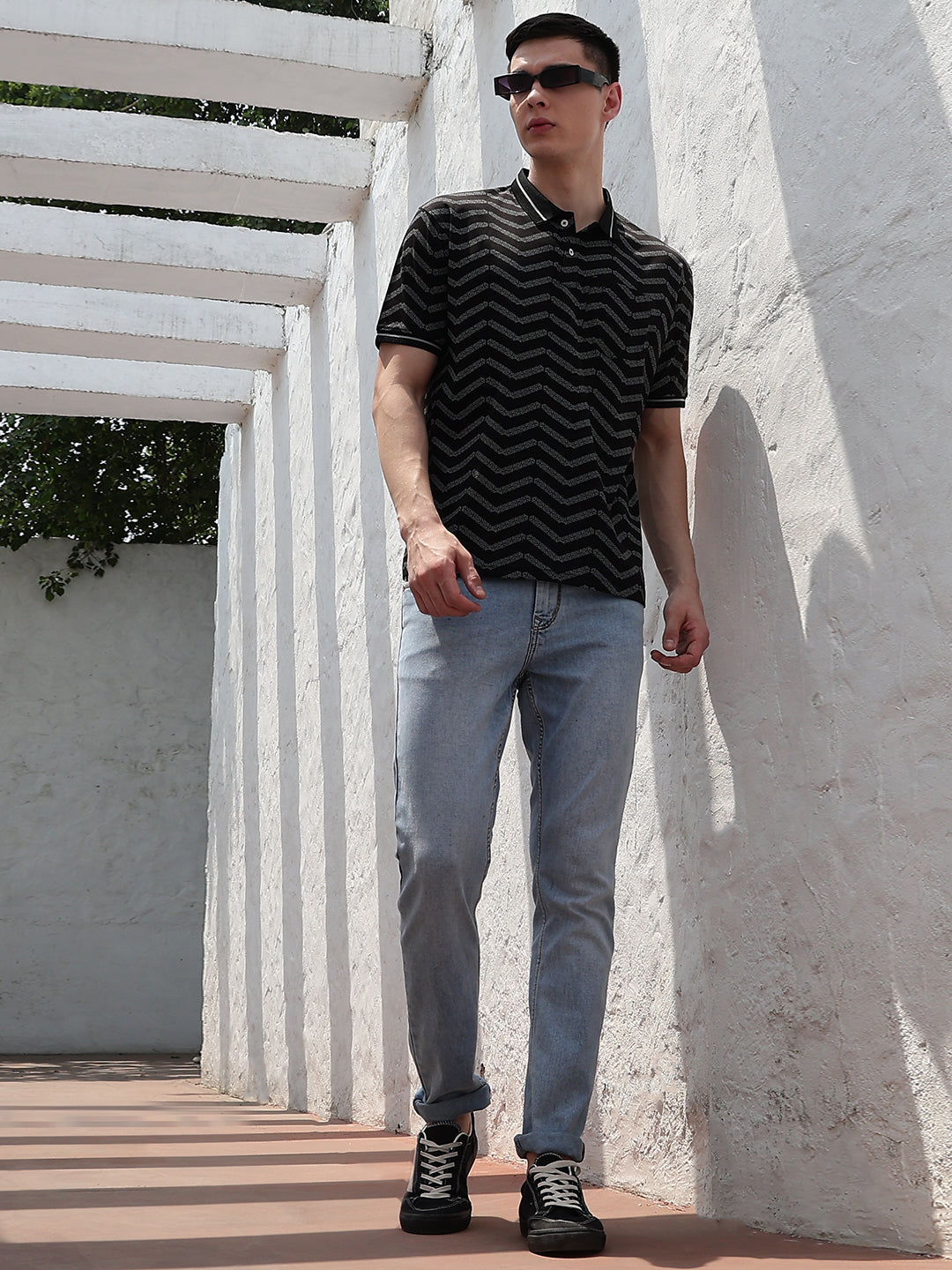 Black Printed Polo Neck 100% Cotton T-Shirt
