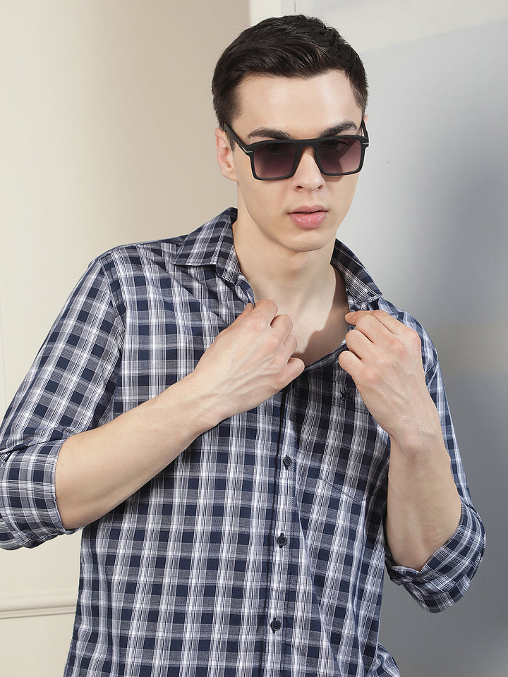 Navy Blue Checked 100% Cotton Shirt