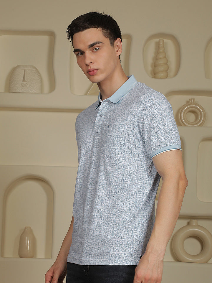 Blue Printed Polo Neck T-Shirt