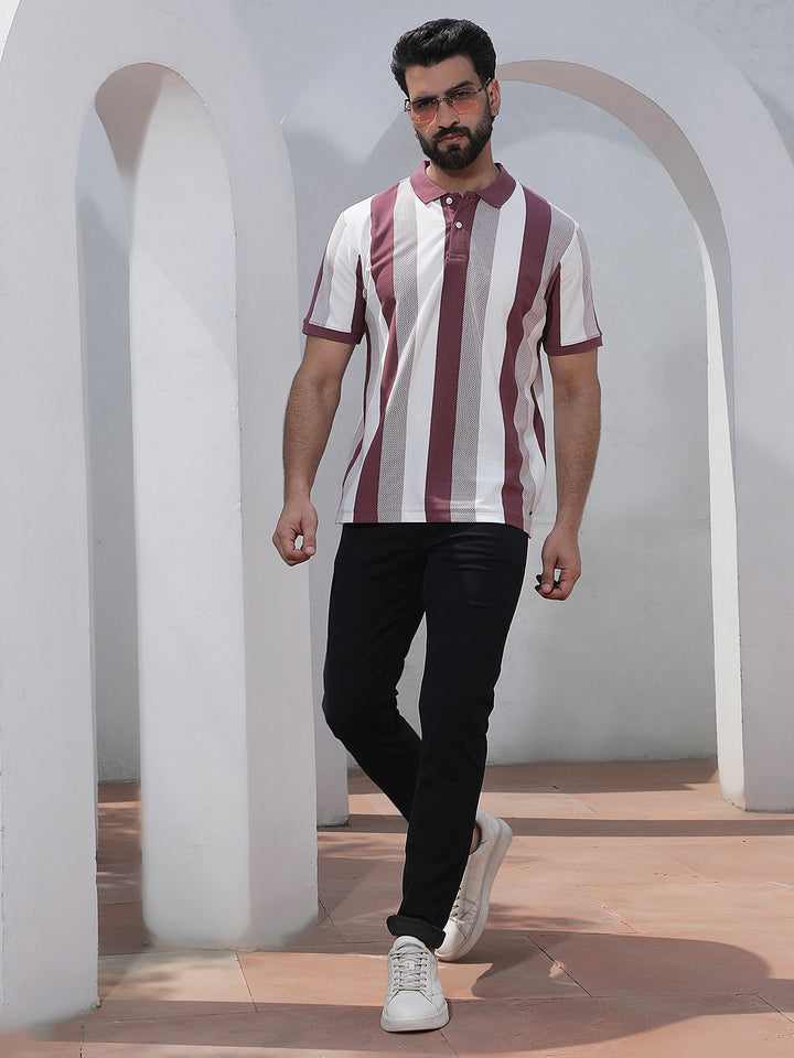 Purple Vertical Striped Polo Neck T-Shirt