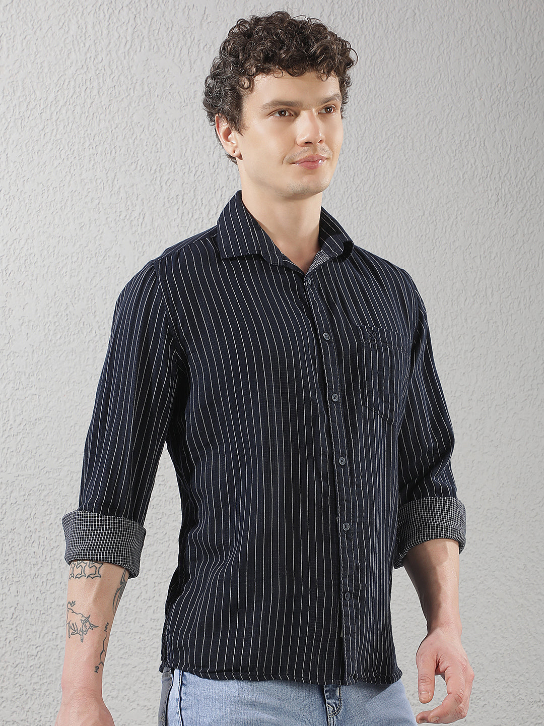 Navy Blue 100% Cotton Verical Stripes Shirt