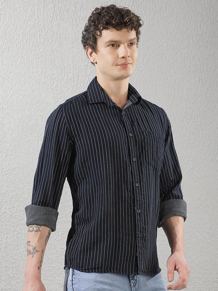 Navy Blue 100% Cotton Verical Stripes Shirt