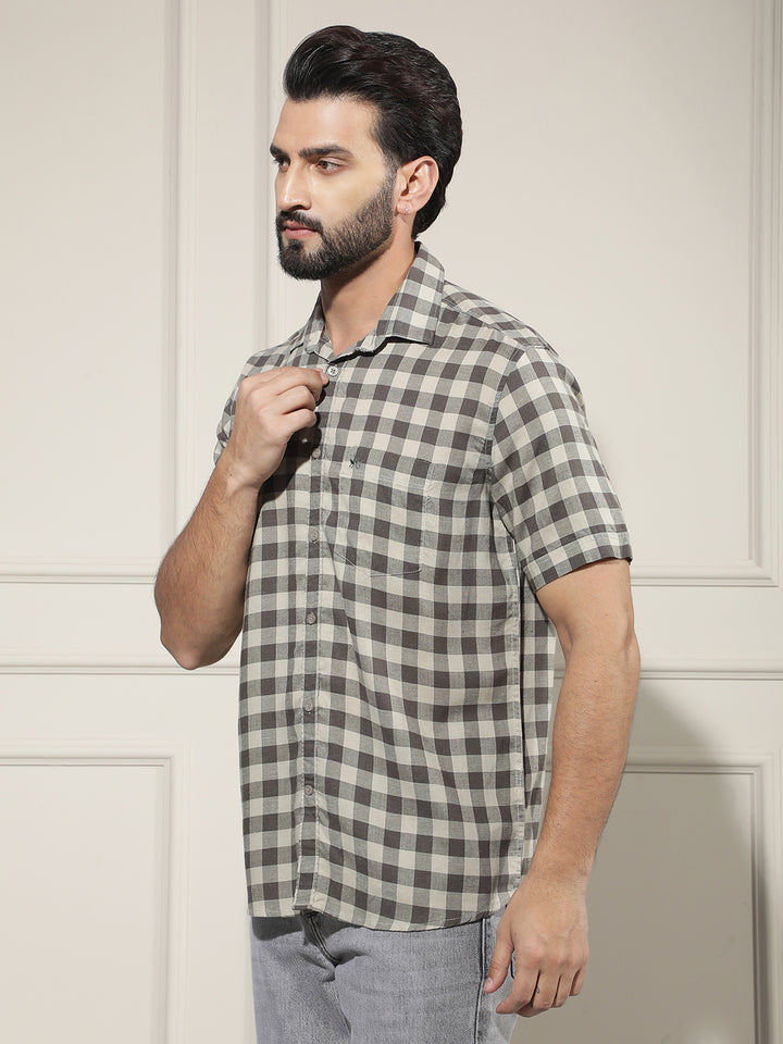 Brown Checked Linen Shirt