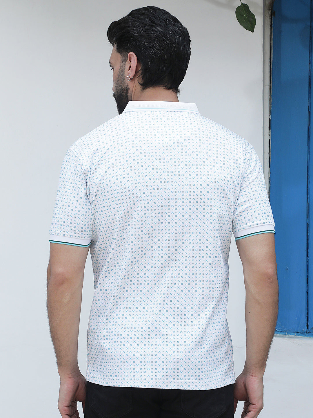 Blue Printed Polo Neck 100% Cotton T-Shirt