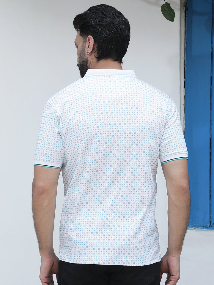 Blue Printed Polo Neck 100% Cotton T-Shirt