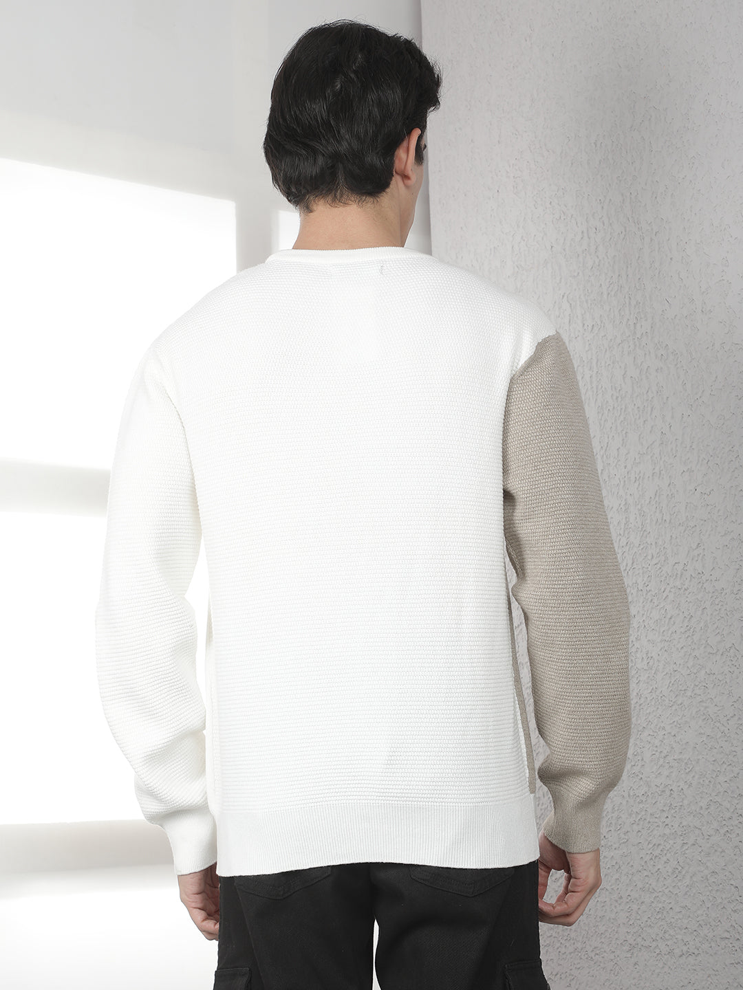 Beige Colorblocked Round Neck Sweater