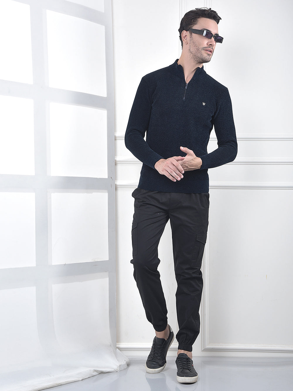 Blue Jacquard High Neck Sweater