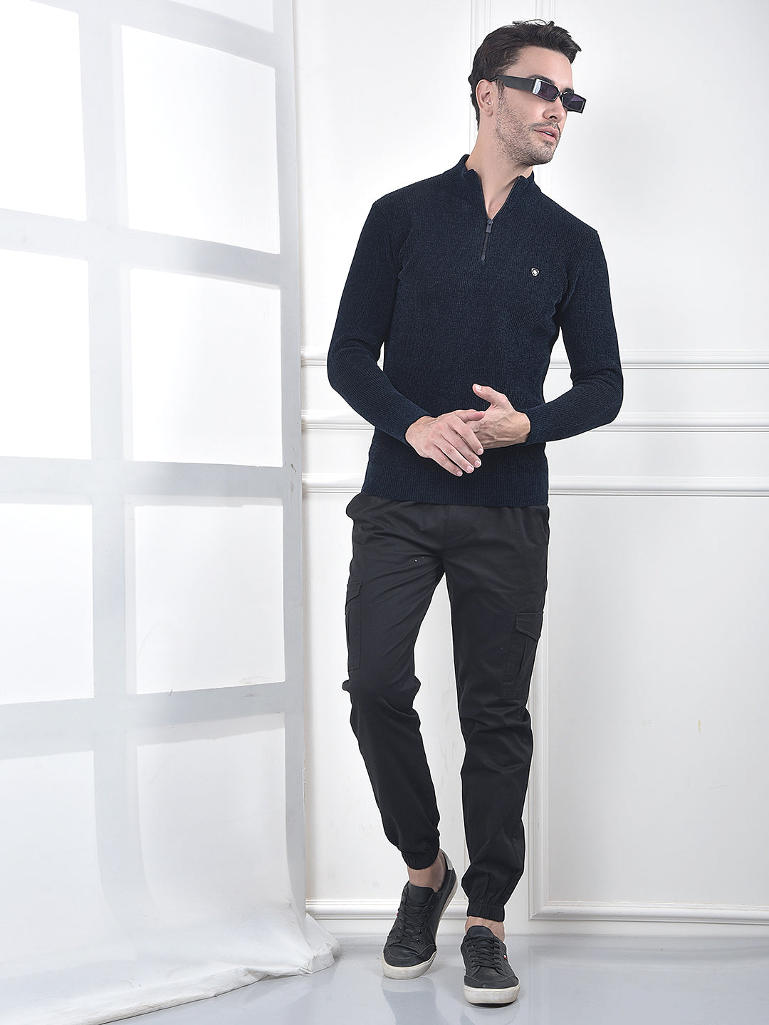 Blue Jacquard High Neck Sweater