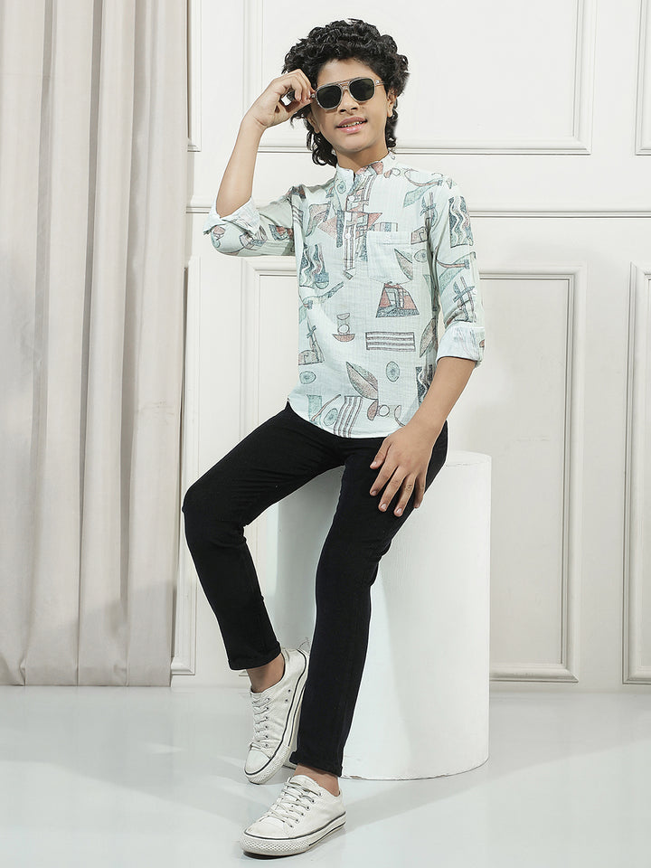 Multicolor 100% Cotton Graphic Print Mandarin Neck Kurta