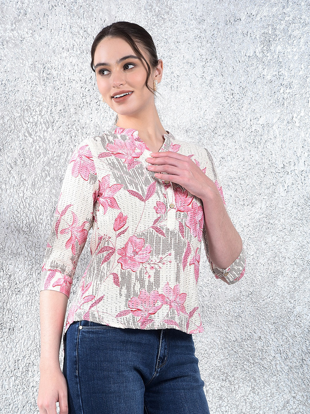 Pink Floral Print V-Neck Top