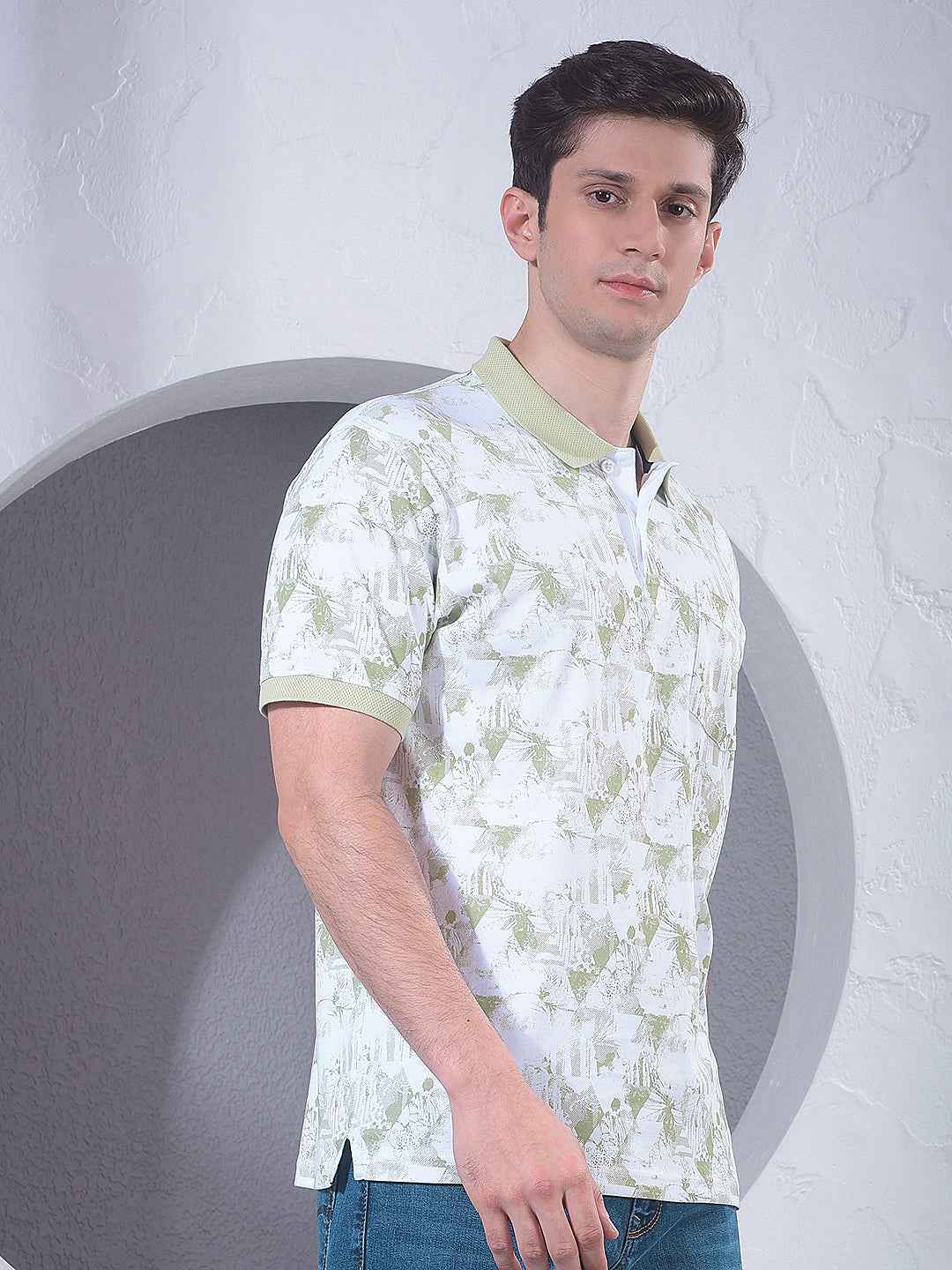 Green Printed Polo Neck 100% Cotton T-Shirt