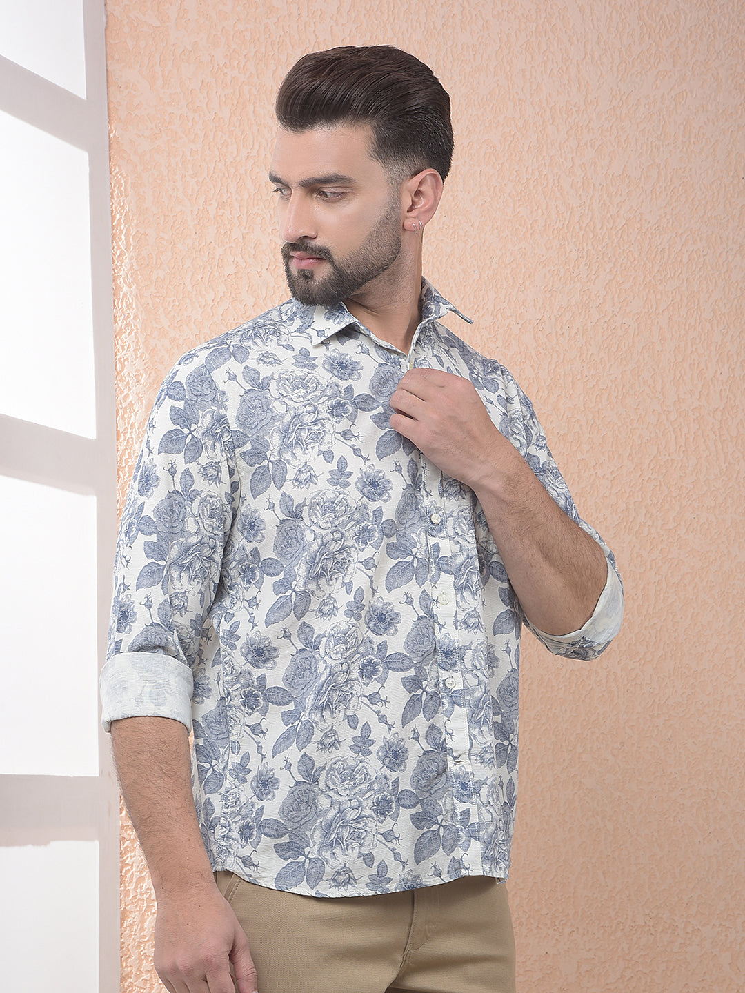 Blue Floral Print Linen Shirt