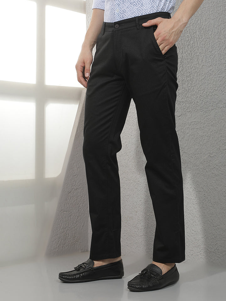 Black Textured Straight Trousers