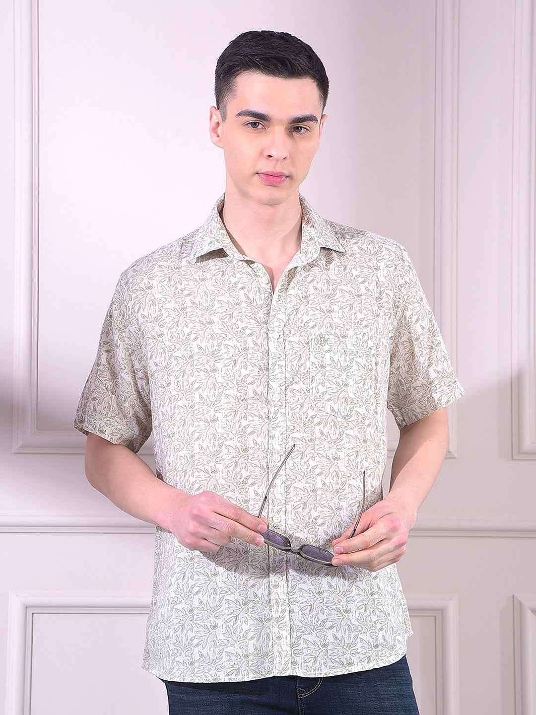 Olive Linen Floral Print Shirt