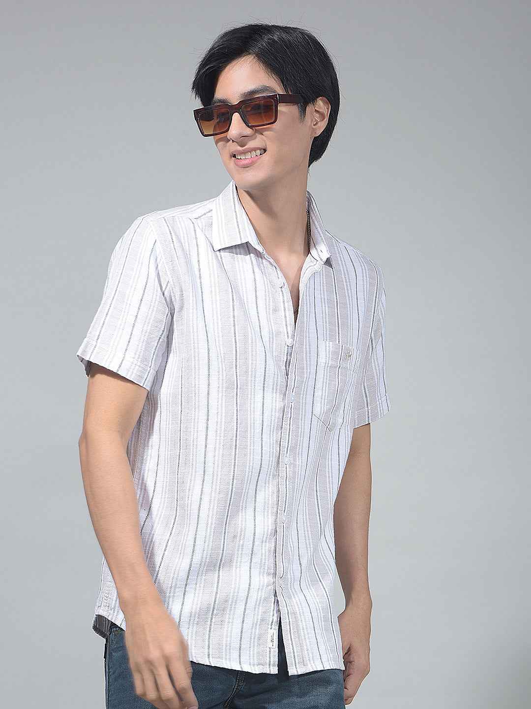 Beige Vertical Striped 100% Cotton Shirt