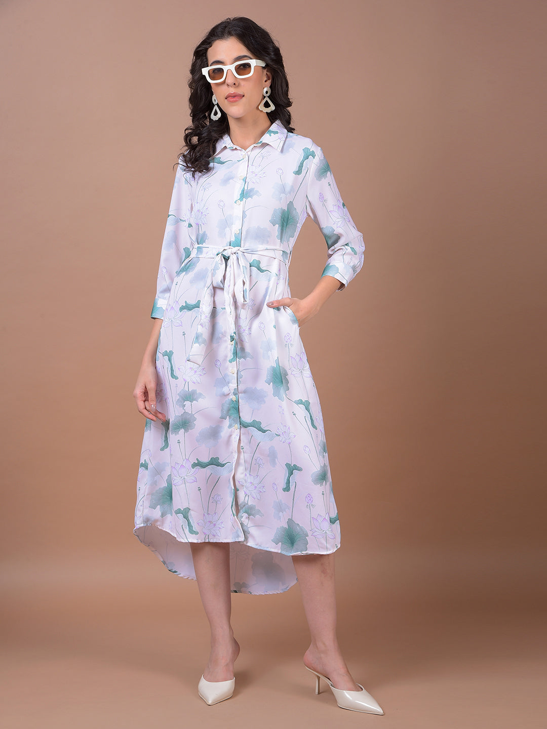 Green Floral Print Belted Shirt Dress
