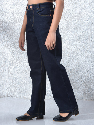 Blue Fashionable Wide-Leg Denim Cargo Jeans-Girls Jeans-Crimsoune Club
