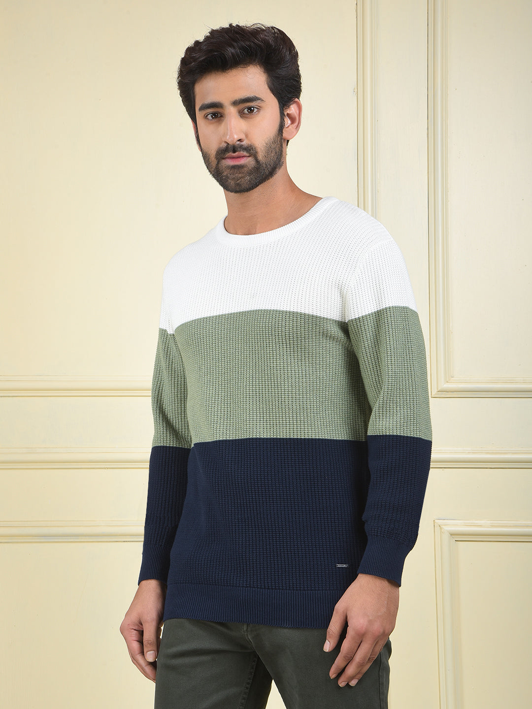 Multi-Color Color-Block 100% Cotton Knitted Sweater