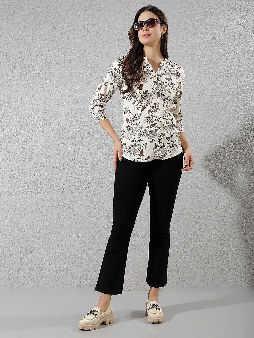 Wine Floral Printed V-Neck Top