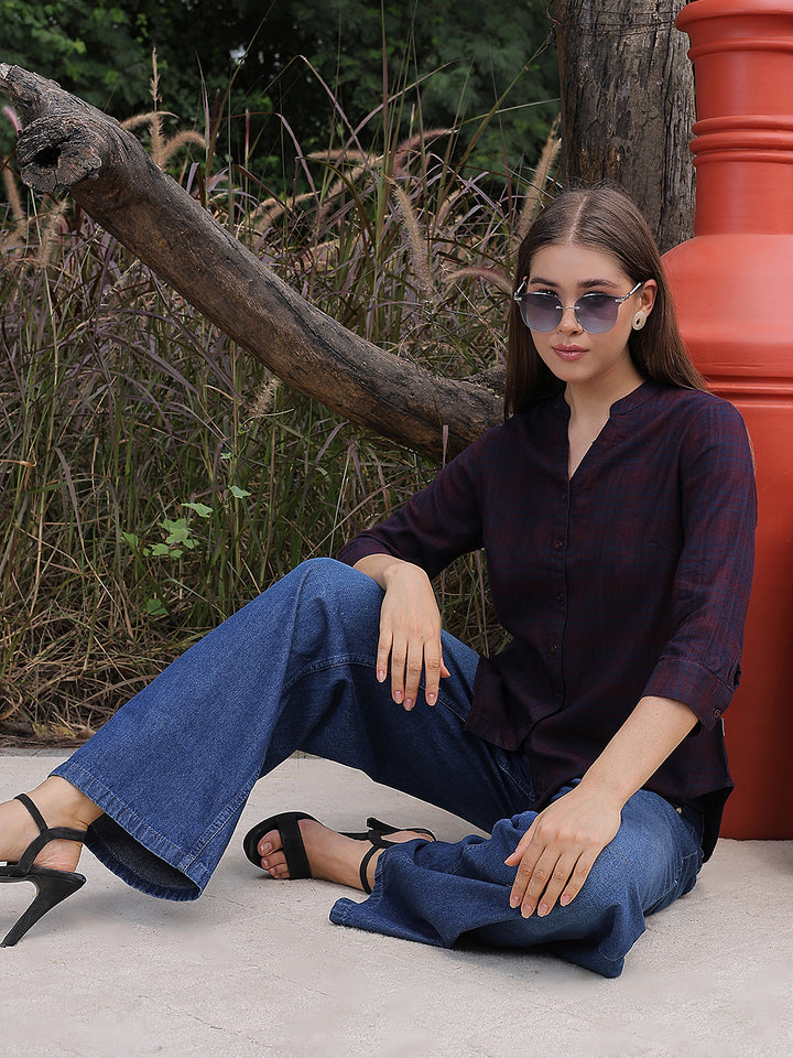 Maroon Checked V-Neck Shirt