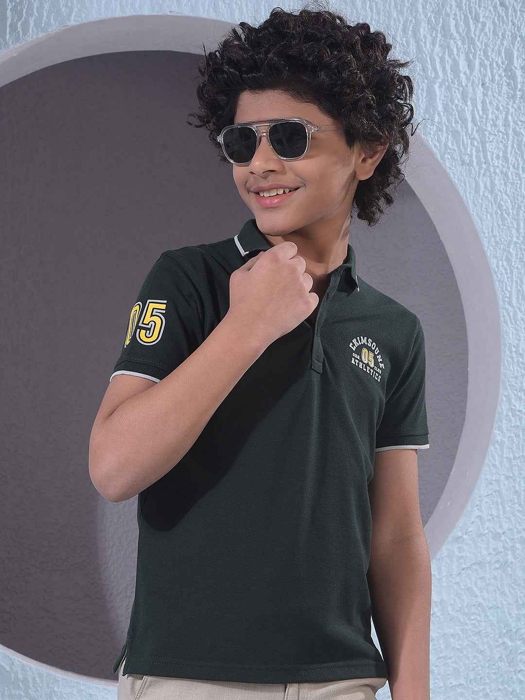 Olive Typographic Print Polo Neck T-Shirt