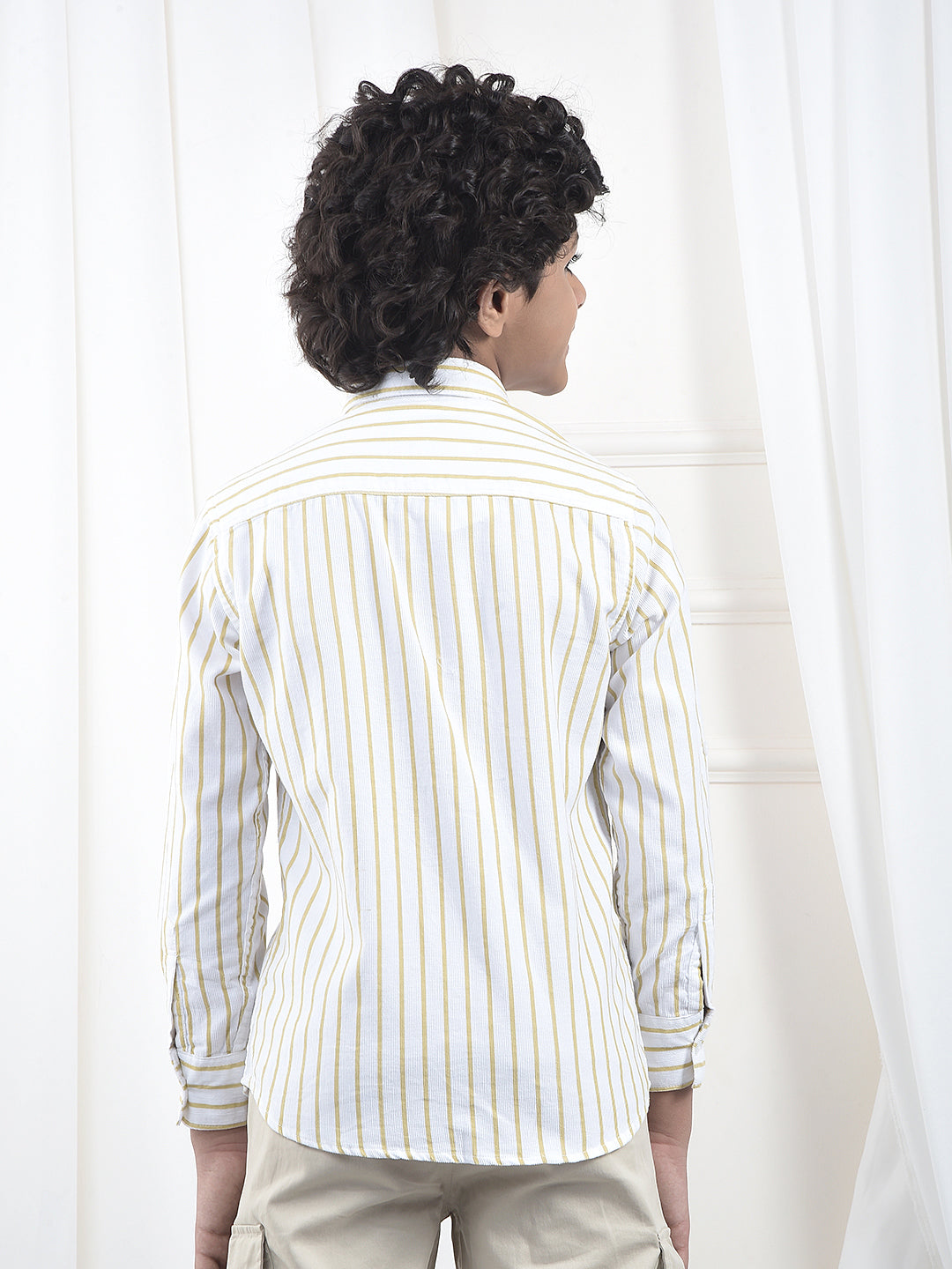 Beige Vertical Stripes 100% Cotton Corduroy Shirt