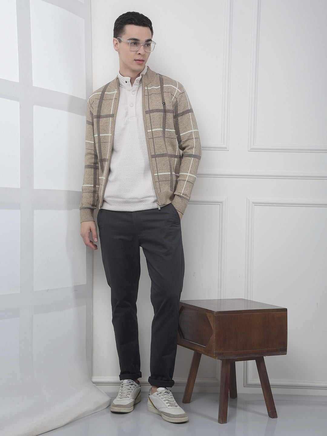 Easy Fit Beige Checked Sweater