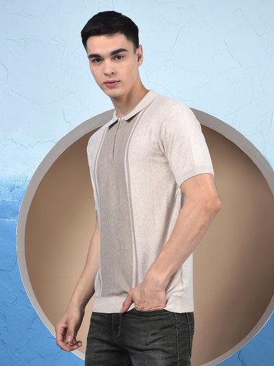 Beige Vertical Stripes Polo Neck T-Shirt