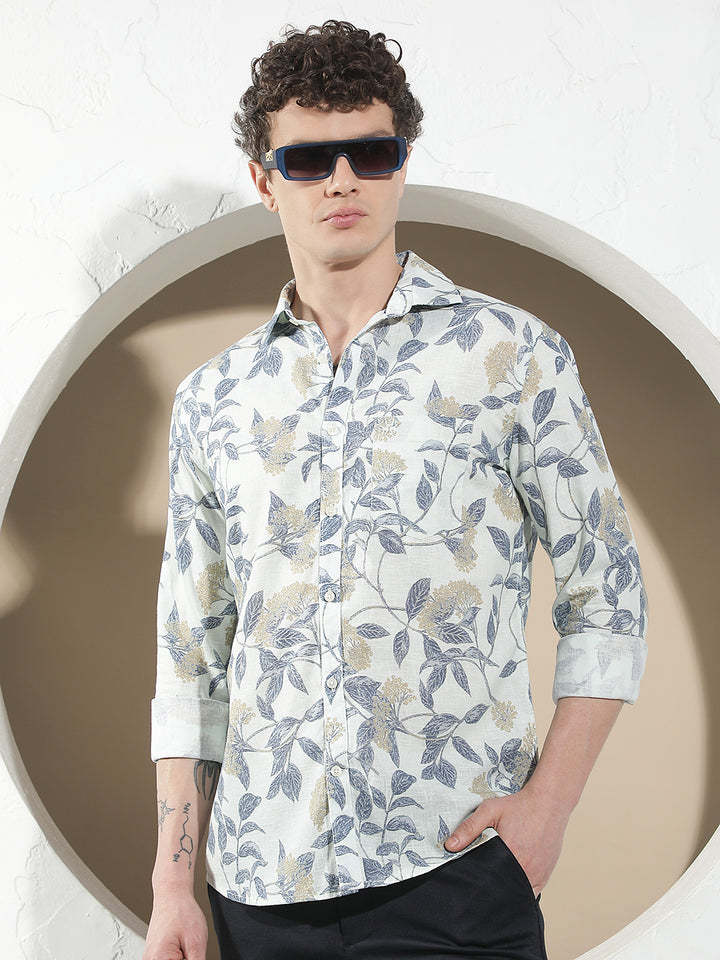 Blue Botanical Print Linen Shirt