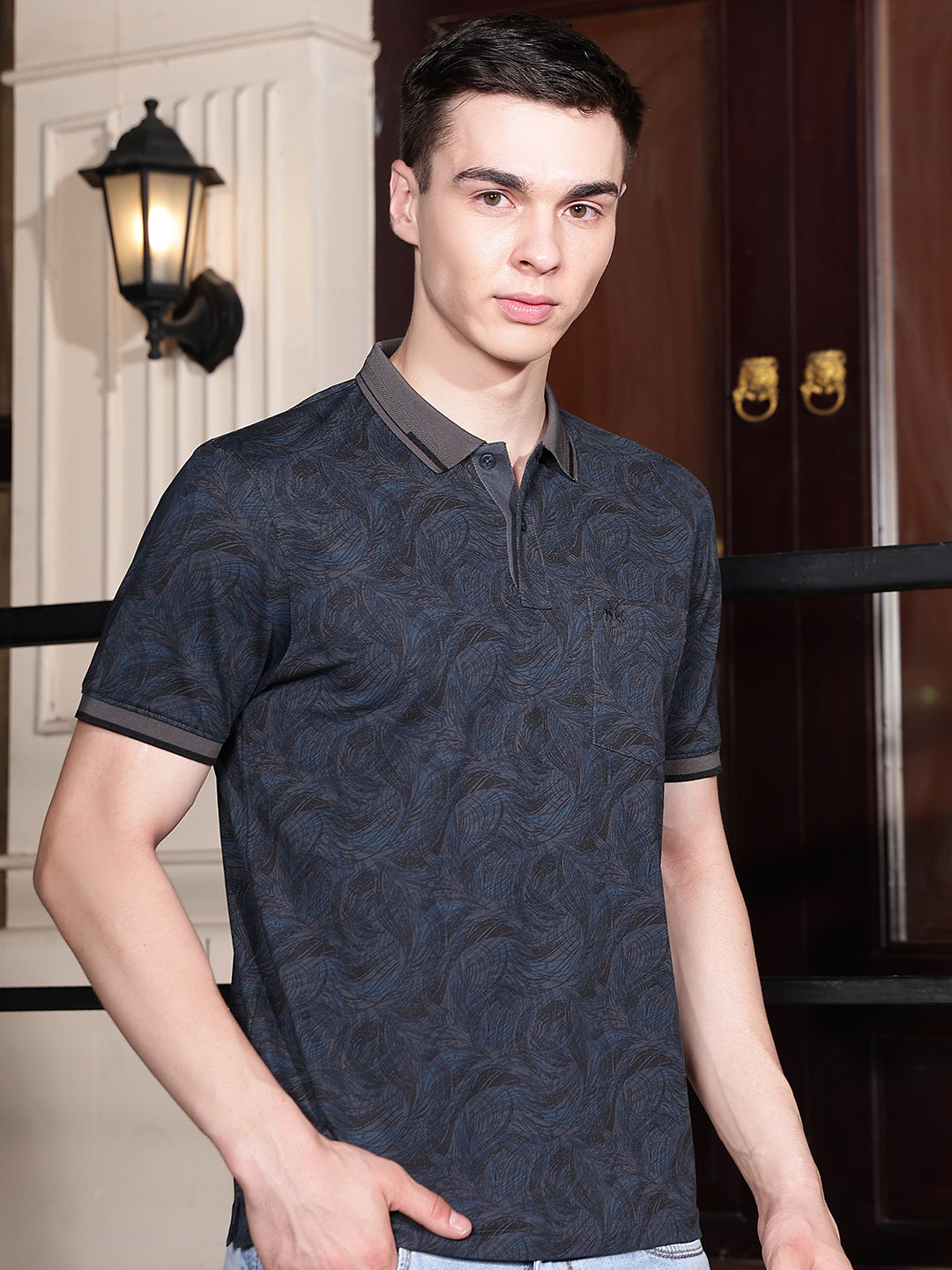 Navy Blue Printed Polo Neck T-Shirt