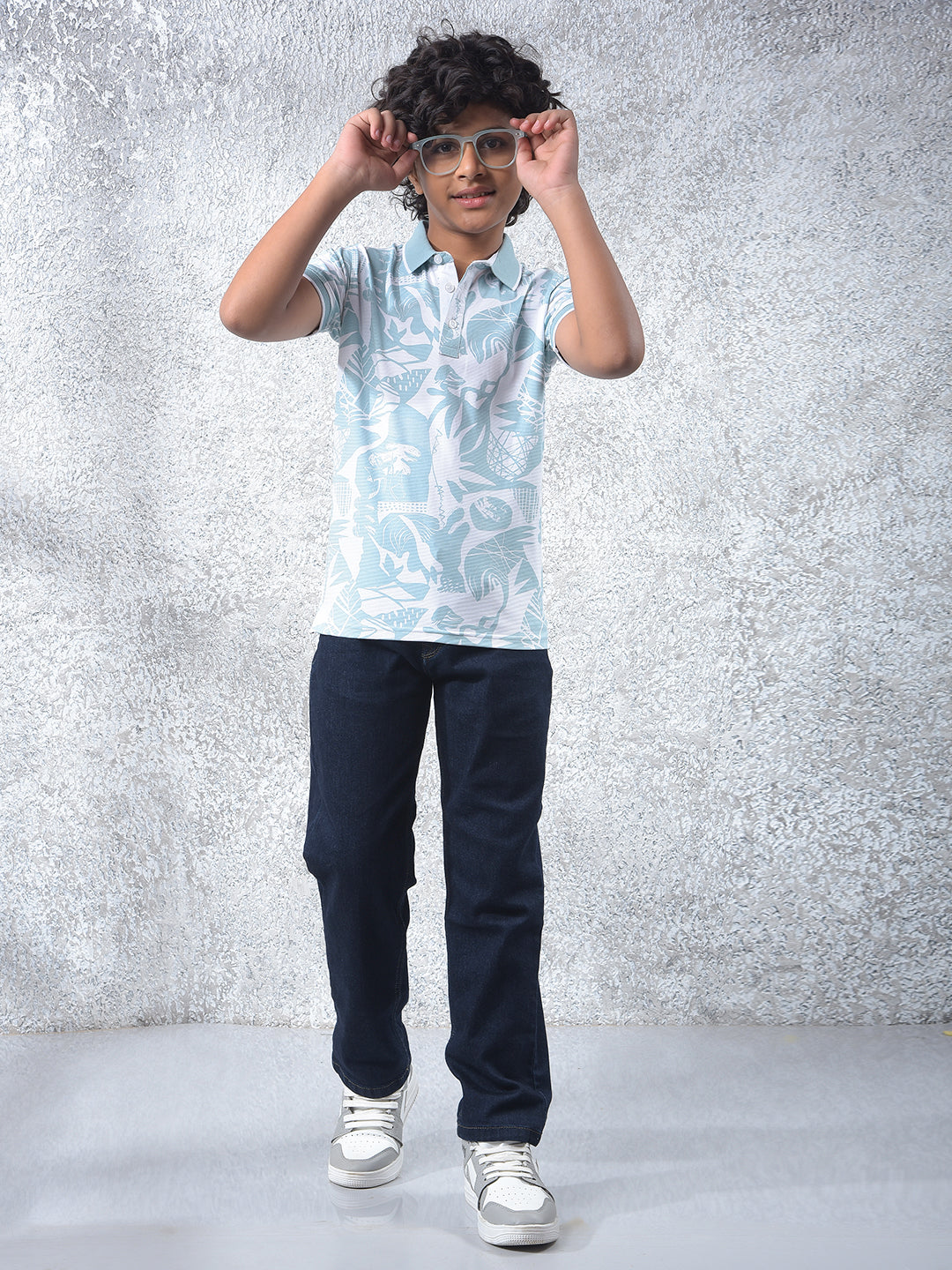 Blue Printed Polo Neck T-Shirt