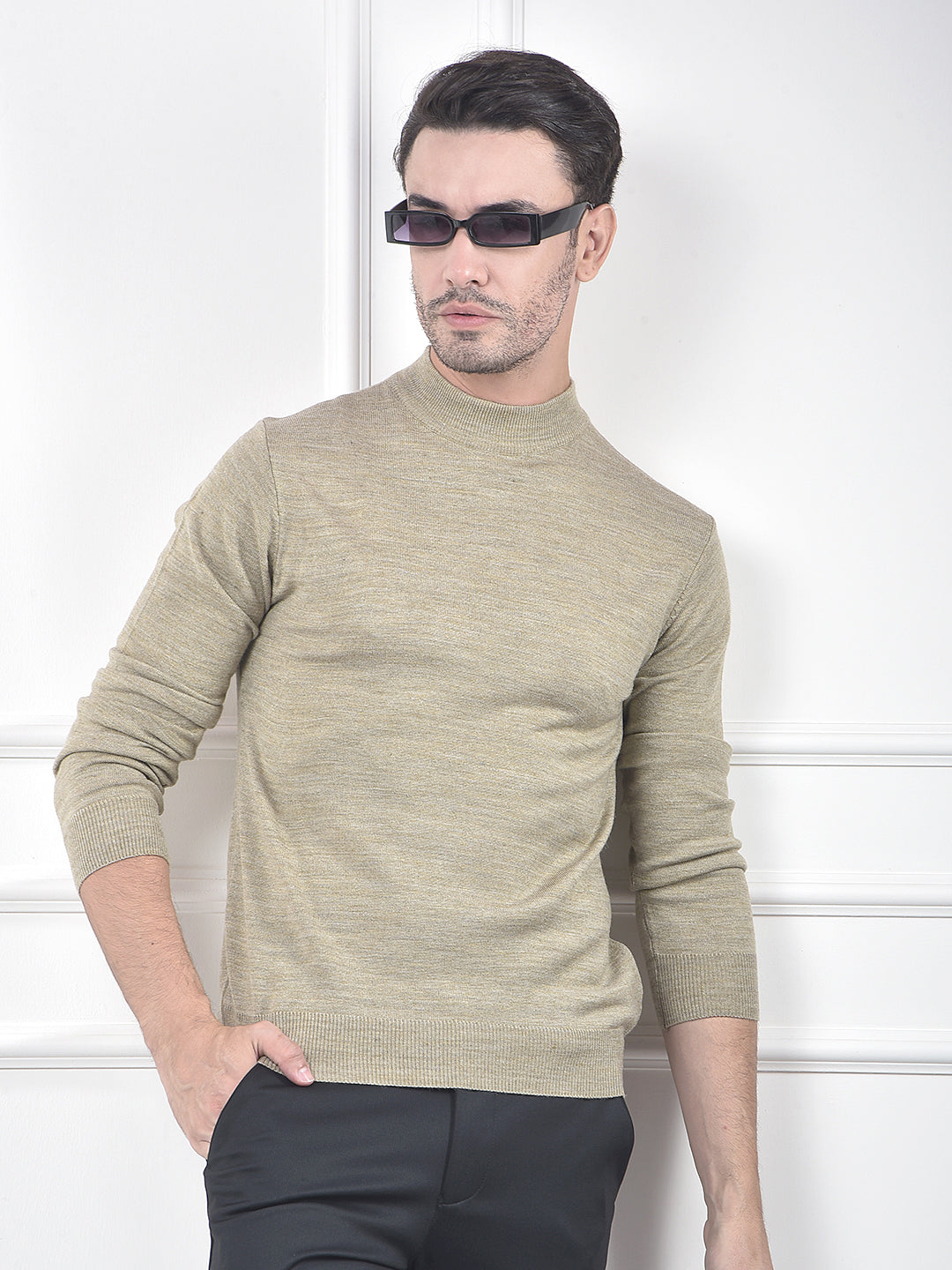 Beige High-Neck Knitted Sweater