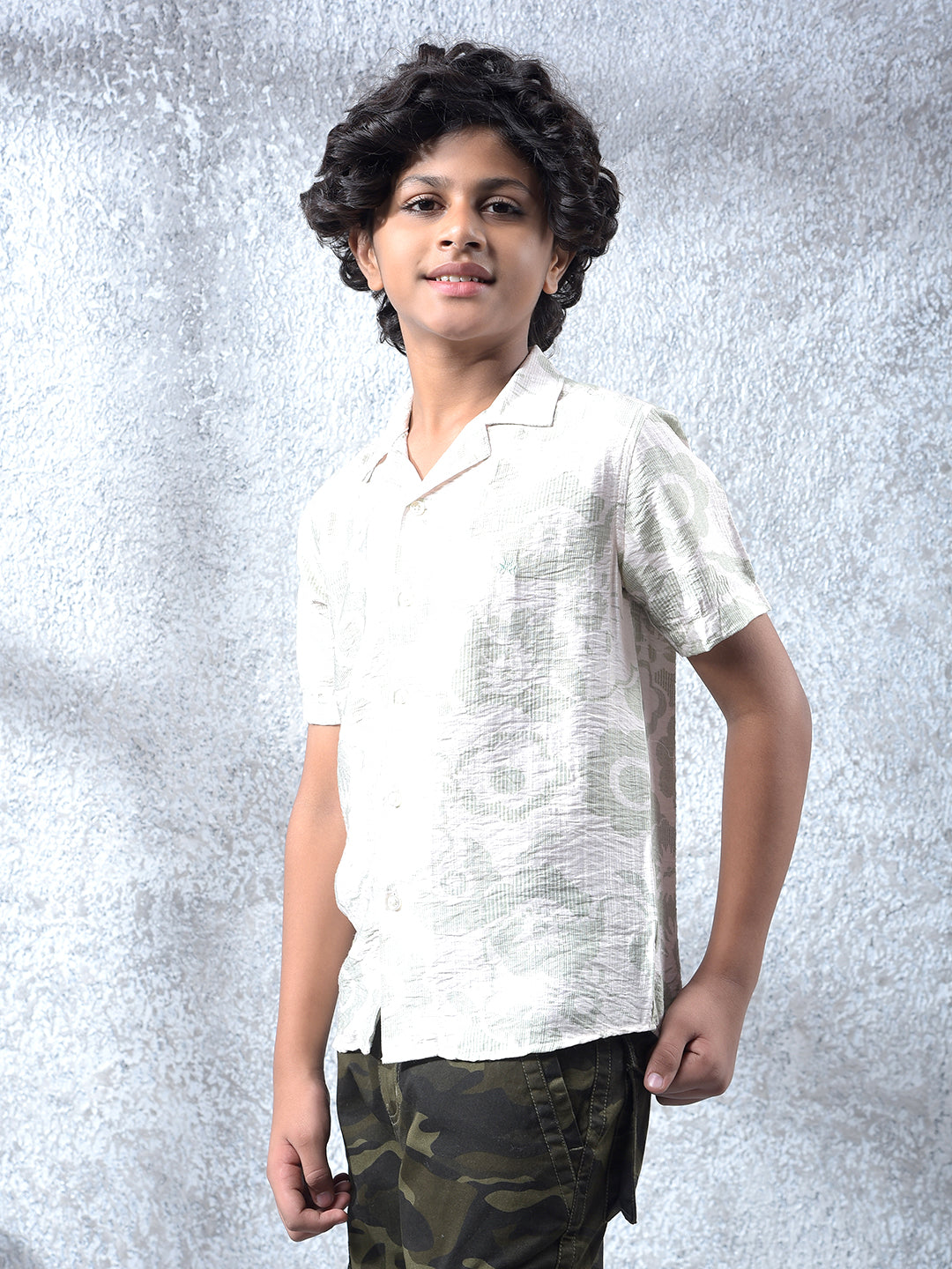 Green Floral Print Resort-Collar Shirt