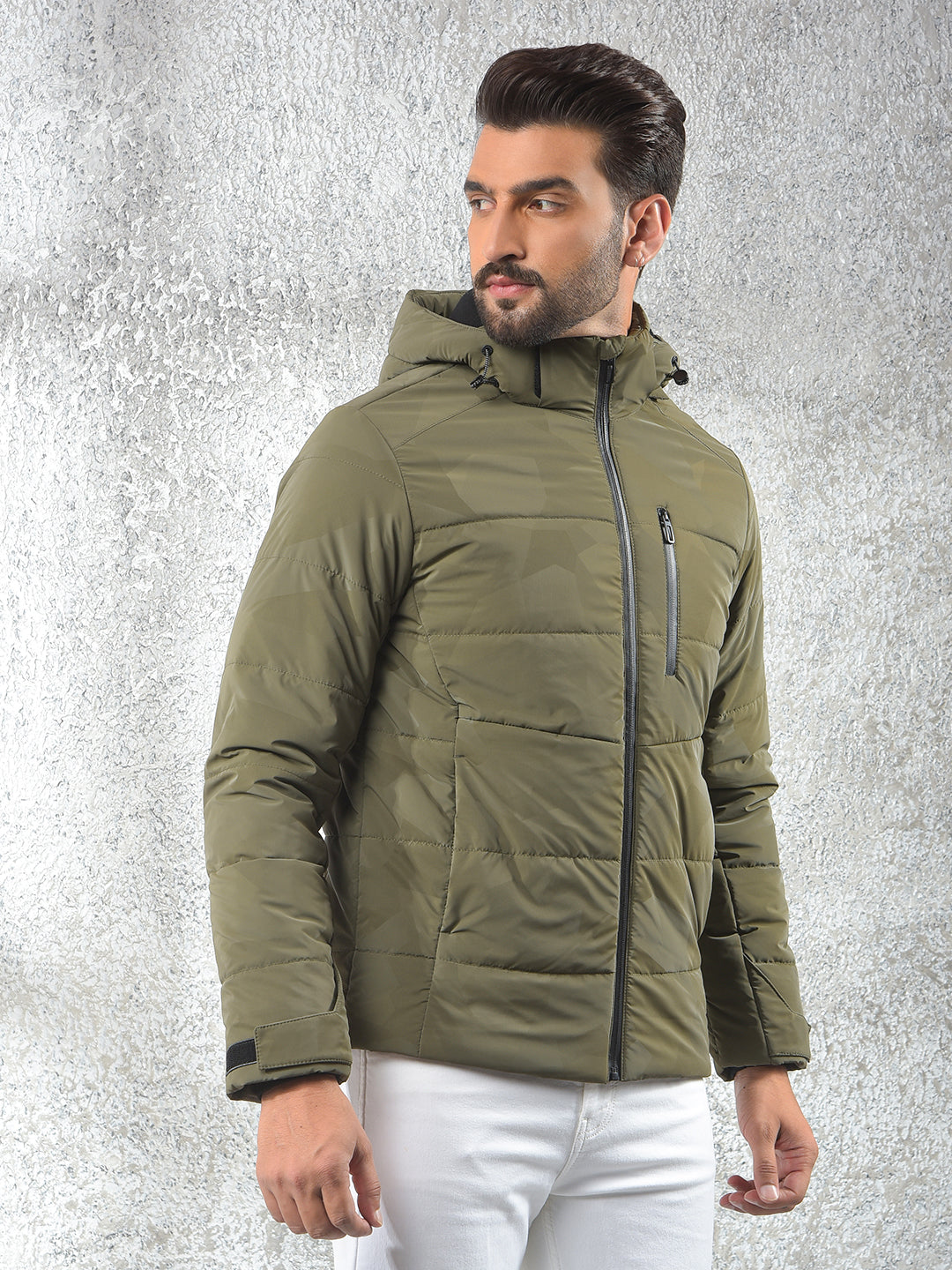 Olive Hooded Neck Puffer Jacket