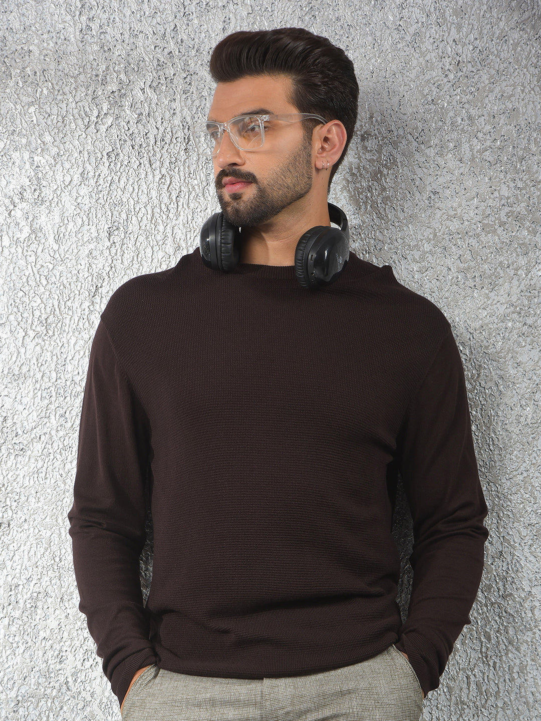 Tapered Fit Brown Jacquard Sweater