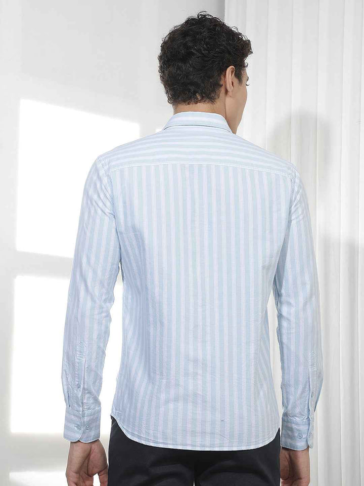 Sky Blue Vertical Striped 100% Cotton Shirt