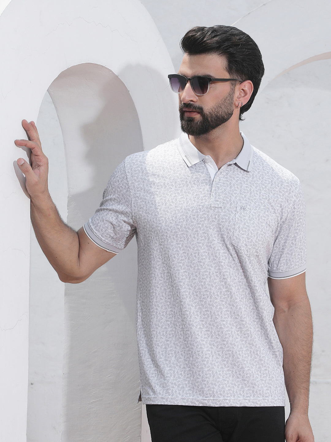 Grey Printed Polo Neck T-Shirt