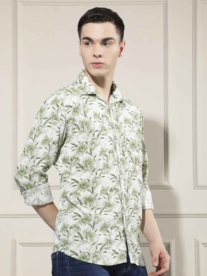 Green Floral Print Linen Shirt