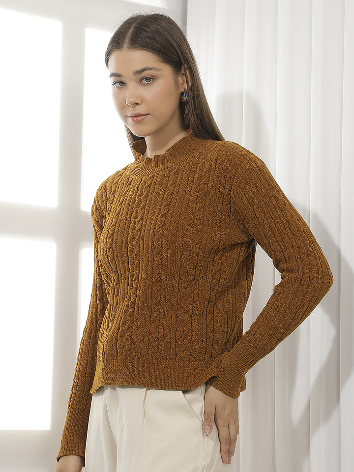 Brown Jacquard Mock Neck Sweater