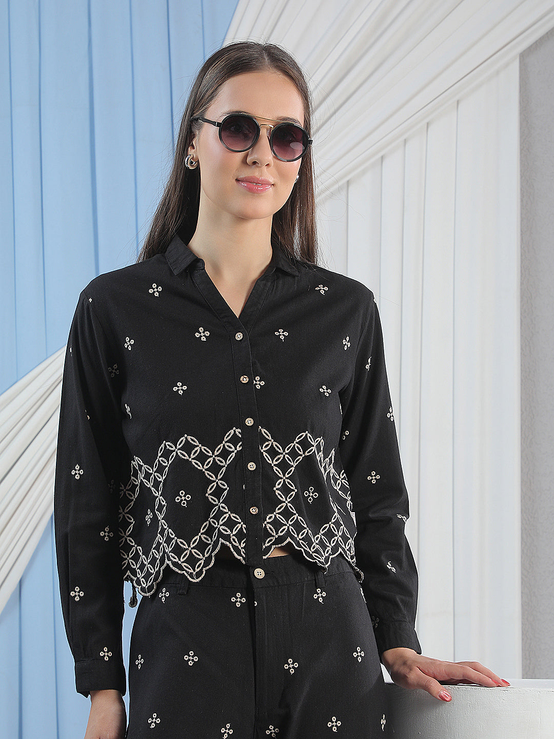 Navy Blue Embroidered Shirt