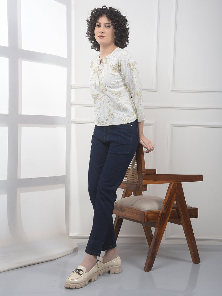 Beige Embroidered Linen Top