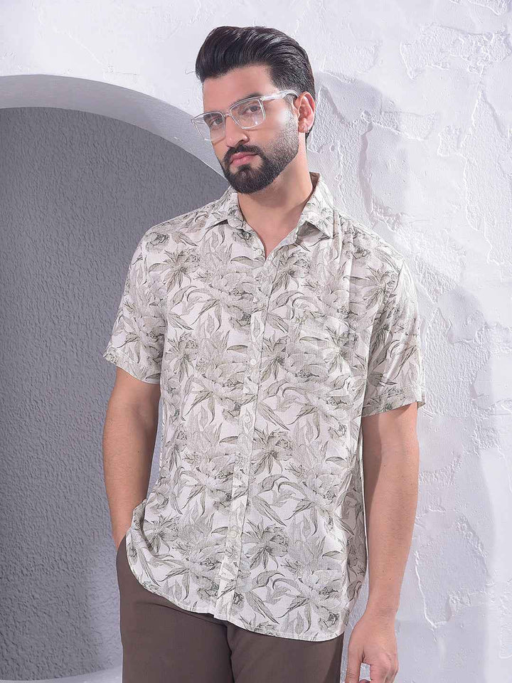 Grey Floral Print Linen Shirt