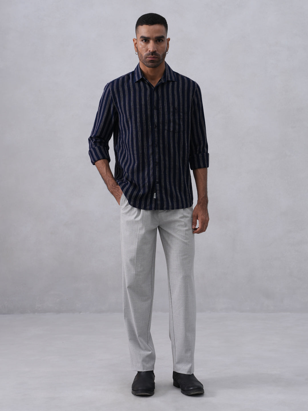 Navy Blue Vertical Stripes 100% Cotton Shirt