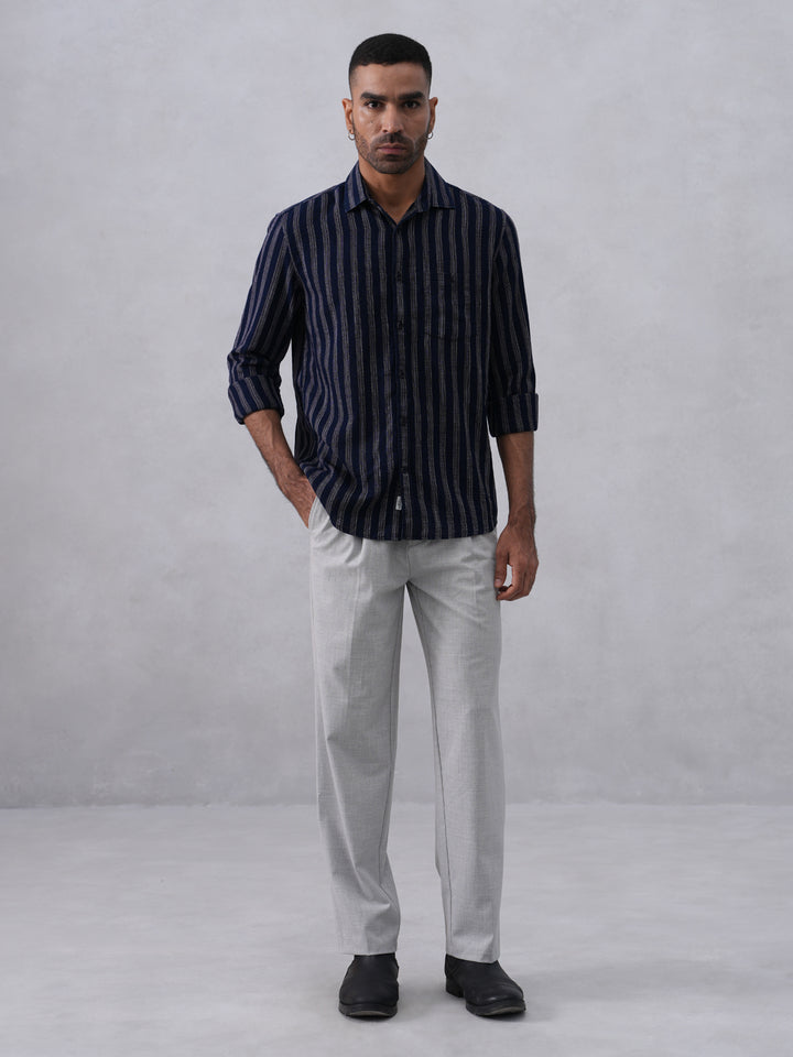 Navy Blue Vertical Stripes 100% Cotton Shirt
