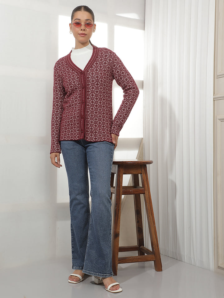 Maroon Geomatric Print V-Neck Cardigan