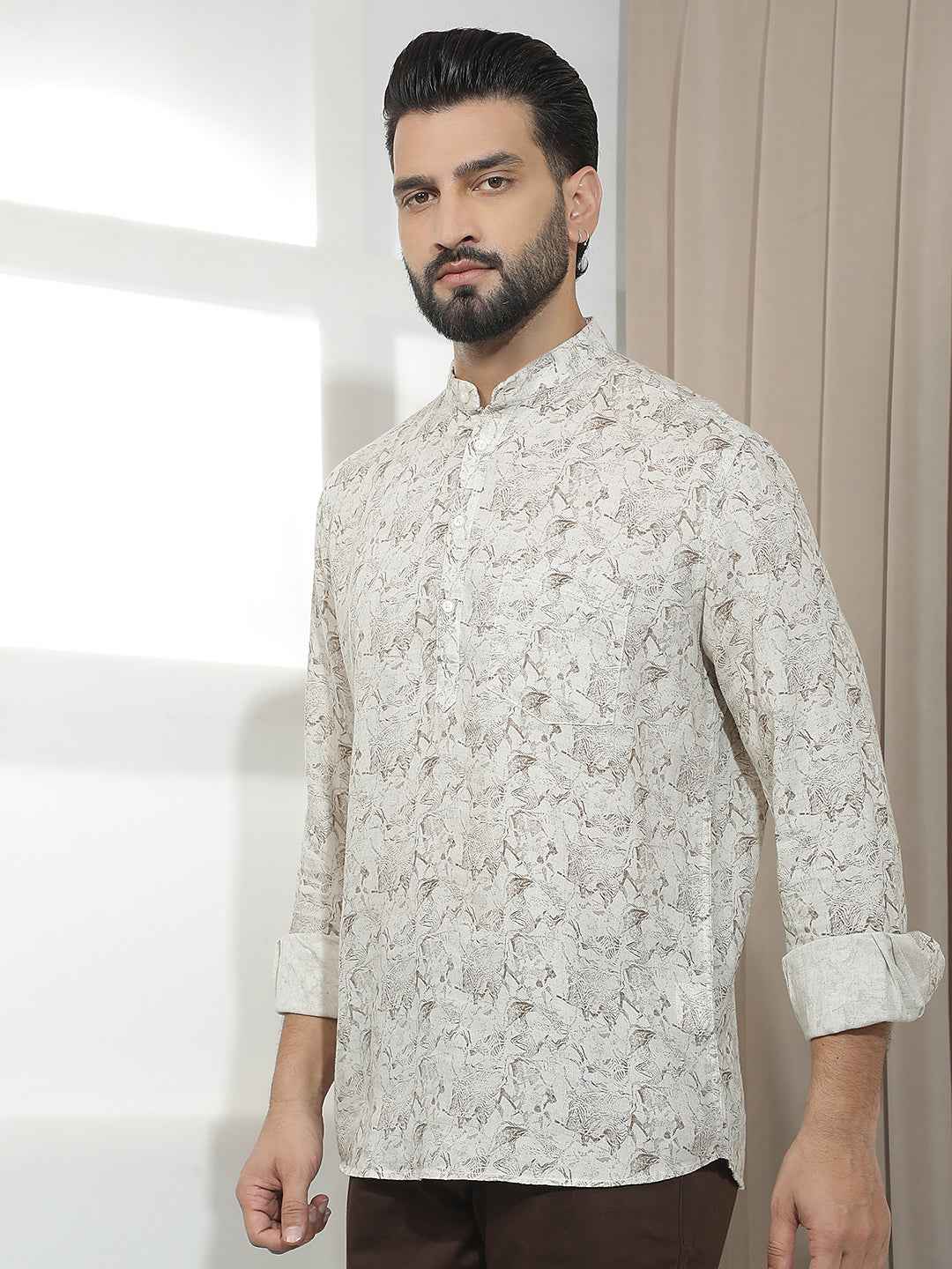Beige Floral Print Linen Kurta