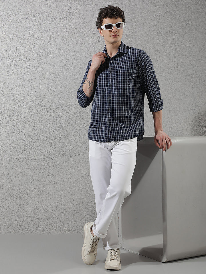 Navy Blue 100% Cotton Checked Shirt