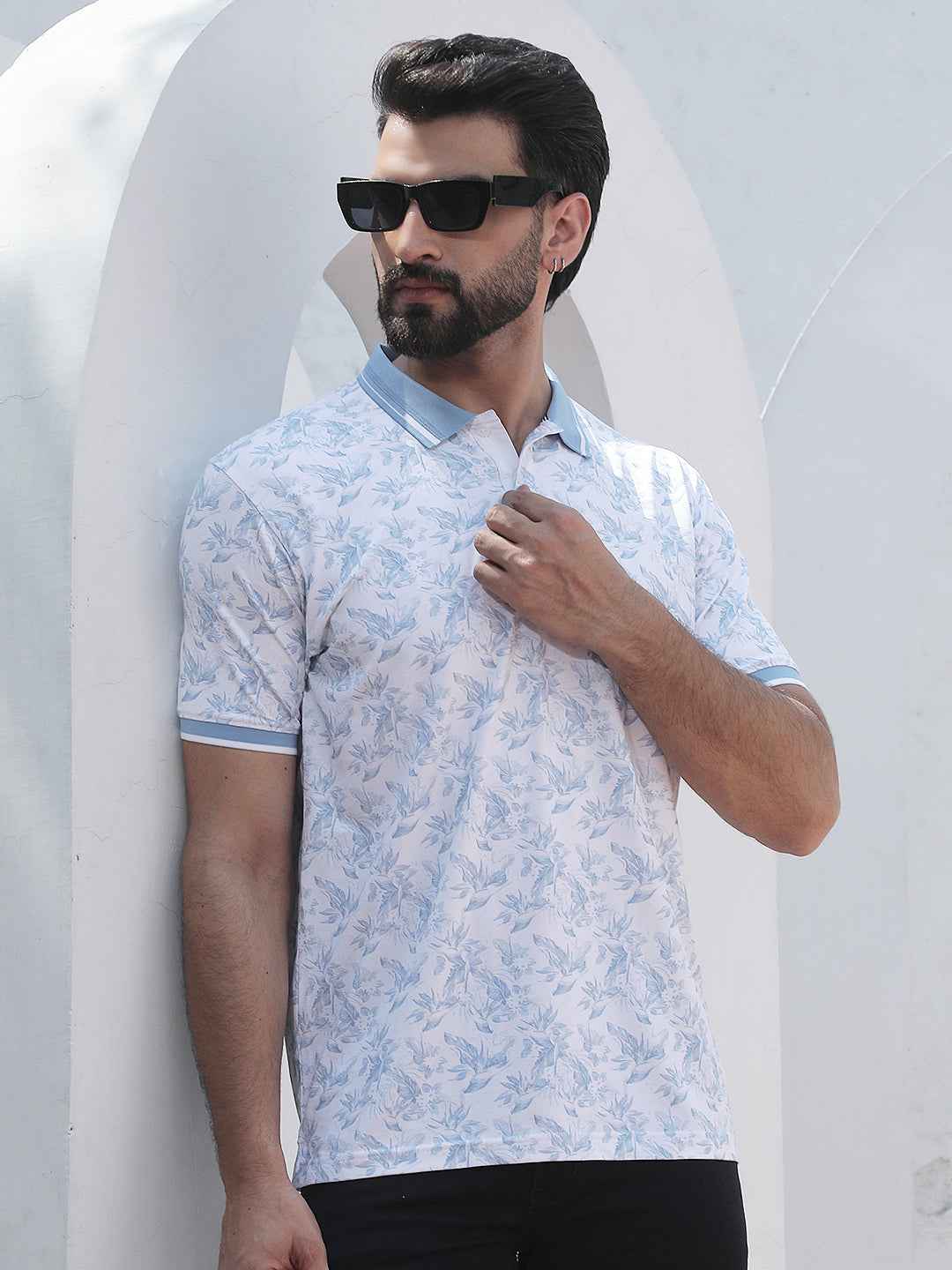 Blue Floral Print Polo Neck T-Shirt