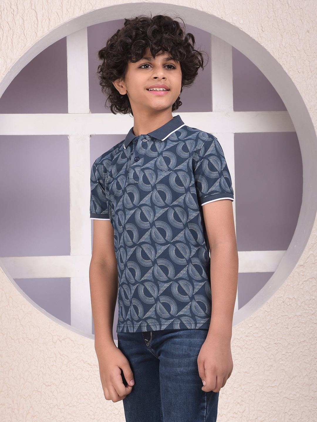 Navy Blue Printed Polo Neck T-Shirt